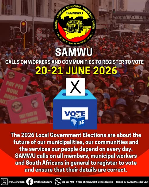_cosatu's tweet photo. #SAMWU calls on workers and communities to register to vote on 20-21 June 2026.
The 2026 Local Government Elections are about the future of our municipalities, our communities and the services our people depend on every day. @SAfmRadio @IECSouthAfrica https://t.co/KPM8OFHBkA