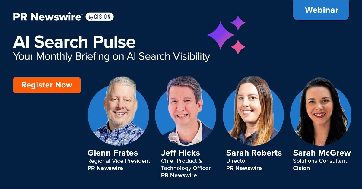 PRNewswire's tweet photo. 1 hour to go! ⏱️ Our new monthly briefing series, AI Search Pulse, starts today. 

It's not too late to save a seat. Register once to access all 6 sessions: https://t.co/ZkQ5A9OaVz

#AISearch #AI #GEO #AEO #PR #Comms #Webinar https://t.co/ND1xE9Io9B