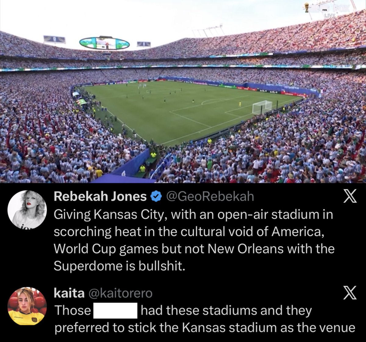 Farzin21's tweet photo. Karens are big mad that FIFA selected Kansas City as a host city for the World Cup.

Obviously KC isn’t as big of a market compared to some of these other host cities, but the Chiefs, the Hunt family and Kansas City have all done a lot for the sport of soccer. That’s why FIFA chose KC. While a newer stadium and being in a bigger market helps, those aren’t the only factors FIFA considered. But not everyone is able to see the big picture 🤷‍♂️