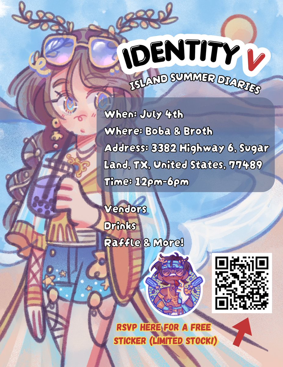 knlbow's tweet photo. Artist Spotlight @knlbow 

OH EM GEEE ITS ME‼️‼️‼️ Hope to see you all there!

This event is FREE to attend! 
Fill in the RSVP form on the flyer for an exclusive sticker (while supplies last)

#idv #identityv https://t.co/9ZCgCAVLFj