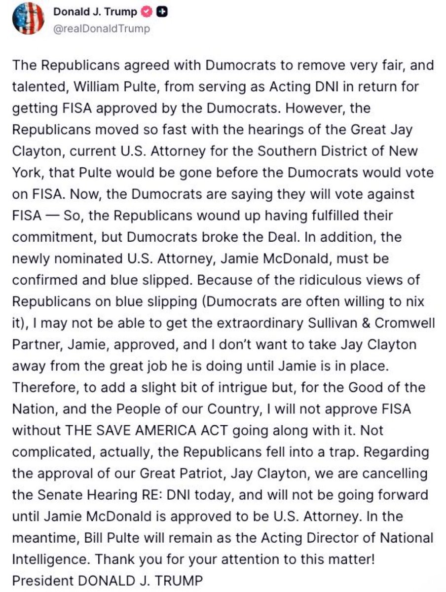 ScottPresler's tweet photo. WOW! 

President Trump said he will not approve FISA unless the SAVE America Act is attached to it. 

Trump is playing hardball — good! https://t.co/DtDglSWOuH
