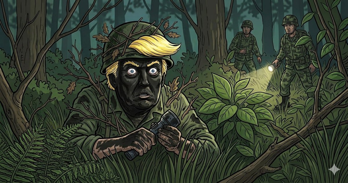 PVTTRUMP's tweet photo. Camouflage Fail: 
The new recruit painted his entire face black. Unfortunately, his blond hair still screamed, 
“I'm here!” 🌿😆 #MilitaryHumor #MAGA #TRUMP #USARMY #SolanaMemecoins #PUMPFUN @realDonaldTrump https://t.co/lH6cdH1RYk