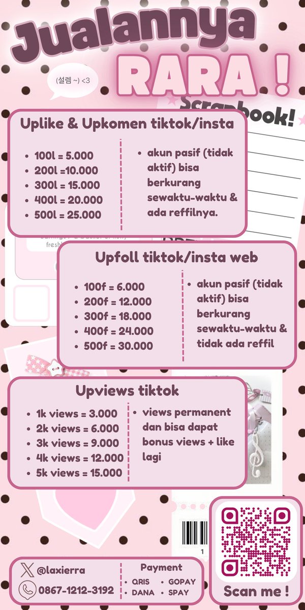 laxierra's tweet photo. Hillu everyone ! yuk intip pl jualan imup inii, jangan lupa dibeli yaa 🩷 aku menyediakan premium apps, nokos, and kebsoss needs ! 

𐚁‌.. Testimonials : https://t.co/l0bbkRqVuH

𐚁‌.. Contact order : ada di bio ! #zonauang #zonajajan #zonaba https://t.co/z6vH1qXAYS