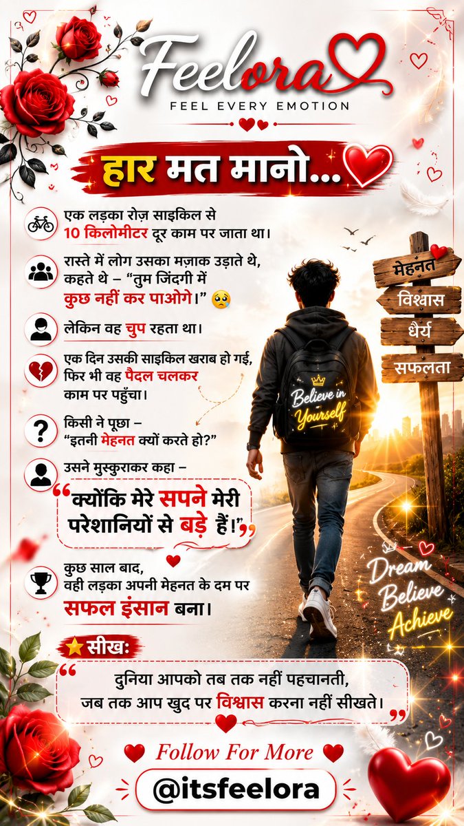 itsfeelora's tweet photo. "क्योंकि मेरे सपने मेरी परेशानियों से बड़े हैं।" 💯🔥

हार मत मानो, मेहनत करते रहो।
एक दिन सफलता जरूर मिलेगी। 🚀

#Motivation #Success #DreamBig #NeverGiveUp #Feelora https://t.co/C22X4is0B6