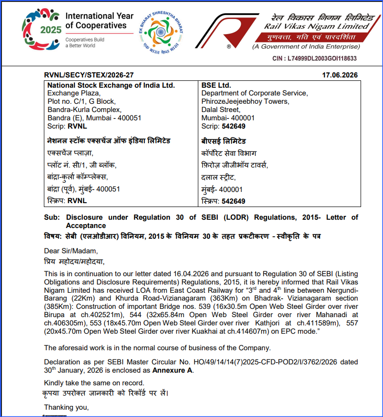 ThanksDeepest's tweet photo. Rail Vikas Nigam Ltd - Receives LOA from East Coast Railway for construction of four major bridges on the Bhadrak–Vizianagaram corridor. Project value stands at ₹967.93 crore with a 3-year execution timeline. https://t.co/z2OU6oZWbg