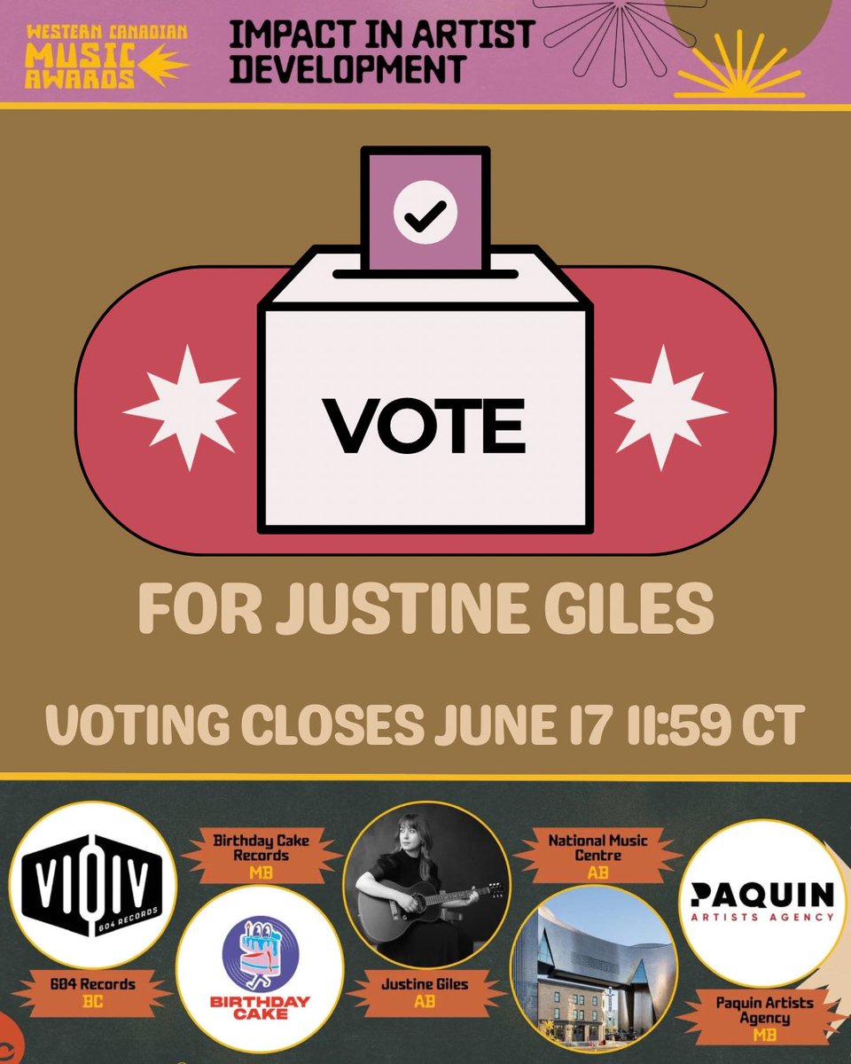 JustineGiles's tweet photo. LAST CHANCE to support &amp; vote if you’re a member of Alberta Music, Manitoba Music, Music BC, Music NWT, Music Yukon, Sask Music - voting closes tonight at 11:59 Central Time for Western Canadian Music Awards. Thank you for your consideration 💖 #breakoutwest2026 #breakoutwest https://t.co/ibMt8tV1O0