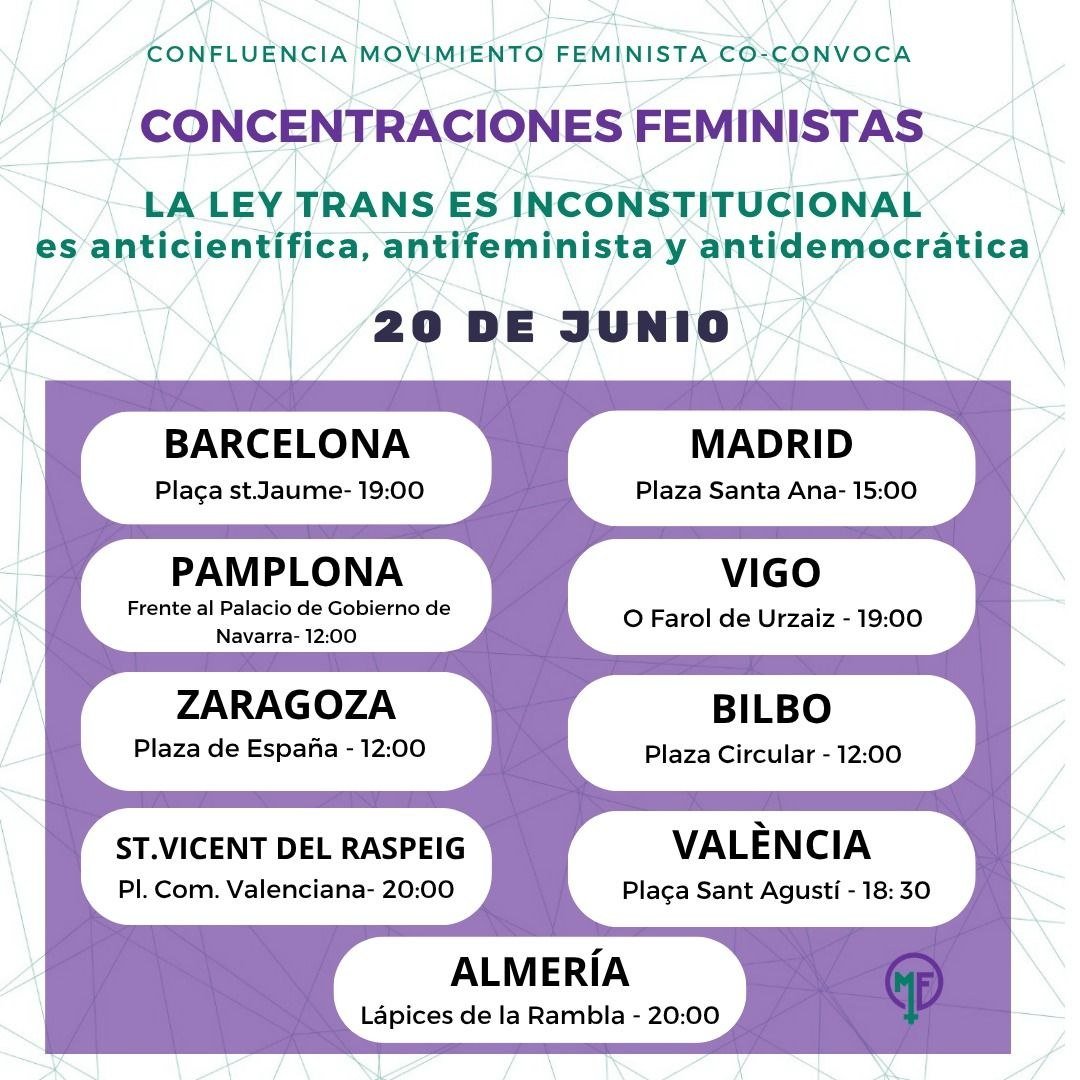 ConfluenciaMF's tweet photo. Qué concentración tienes más cerca? 
Este 20 de Junio denunciamos que la Ley Trans es inconstitucional https://t.co/hyoCvsIA4J