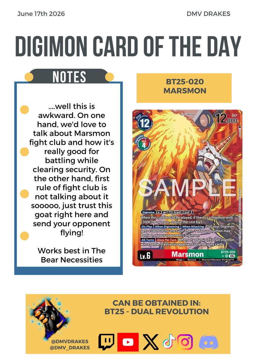 DMV_Drakes's tweet photo. Todays @digimon_tcg_EN Card of the Day
BT25-020 Marsmon
#DMVDrakes #Digimon #DigimonTCG
#DualRevolution #Cardoftheday https://t.co/MN4OWXvtXf