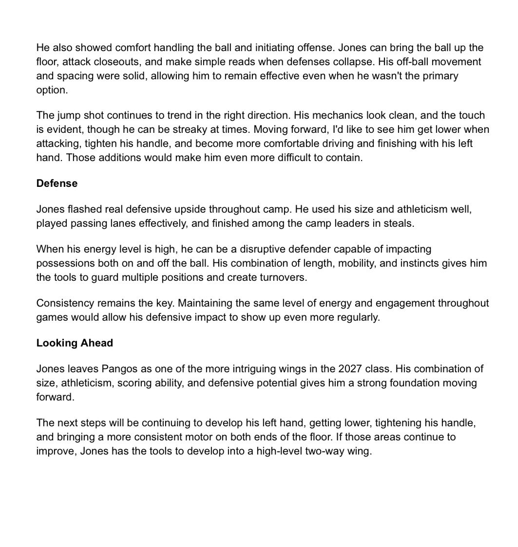 SwishStrategies's tweet photo. 2026 Pangos Prospects Scouting Report: Dylan Jones

Dylan Jones emerged as one of the top wing performers at the Pangos All-American Camp, averaging 17.0 points per game while earning Top 30 Game Co-MVP honors. Full scouting report below.

Scout: Michael Hayon (@michaelhayon) https://t.co/NaSeKE39Rc