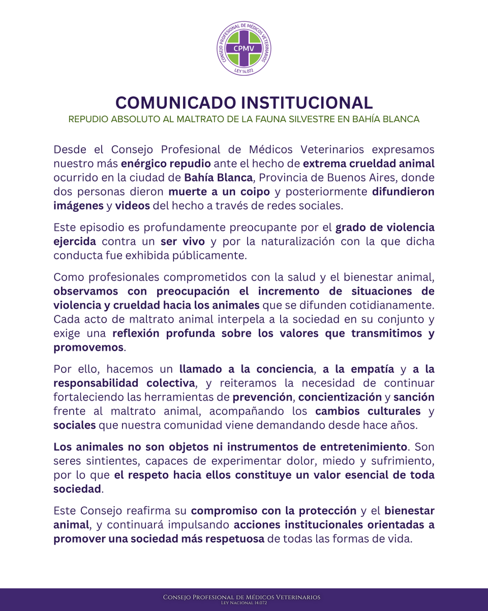 CPMV14072's tweet photo. Desde el Consejo Profesional de Médicos Veterinarios (CPMV) manifestamos nuestro más firme rechazo ante el aberrante hecho de extrema crueldad animal ocurrido en la ciudad de Bahía Blanca, donde se dio muerte a un coipo y se difundieron las imágenes en redes sociales.
#cpmv https://t.co/tresZ6NKFO