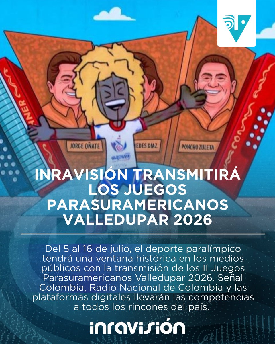 INRAVISIONco's tweet photo. 🏅🇨🇴 Del 5 al 16 de julio, el deporte paralímpico tendrá una ventana histórica en los medios públicos. El gerente de Inravisión, Hollman Morris, anunció la transmisión de los II Juegos Parasuramericanos Valledupar 2026, que llegarán a todo el país a través de Señal Colombia, Radio Nacional de Colombia y las plataformas digitales. 📺📻💻

Más de mil paraatletas de 12 países competirán en 13 disciplinas en Valledupar y Agustín Codazzi, en una cita que marca el regreso de estas justas después de 12 años y el inicio del camino hacia los Juegos Paralímpicos de Los Ángeles 2028.

Con cobertura por las 74 frecuencias de Radio Nacional de Colombia, incluidas las Emisoras de Paz, Inravisión reafirma su compromiso con un deporte más incluyente y con visibilizar las historias de talento, disciplina y excelencia que hacen grande al país. 🏀🏊⚽🏹

#ParaSuramericanosXSeñal

Información completa en ​👉​https://t.co/b0DM2aVrdW