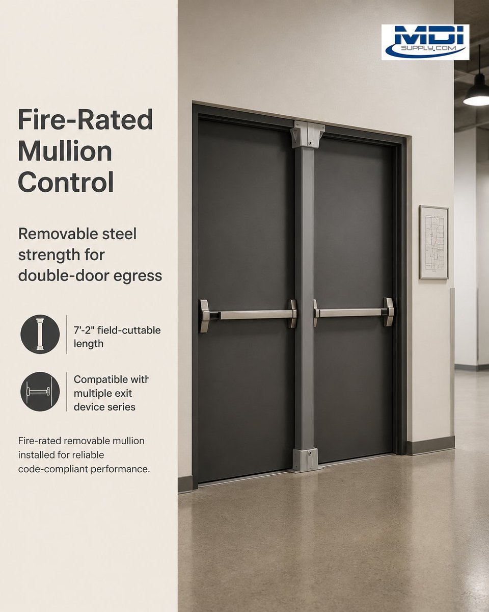 mdisupply's tweet photo. Accentra M200F removable steel mullion, 7-2, fire rated and compatible with Accentra exit devices. Removable for easy passage while maintaining code compliance and hardware alignment. #AccentraMullion #FireRated https://t.co/JSfjsqYm84 https://t.co/Xjgby1HMH0