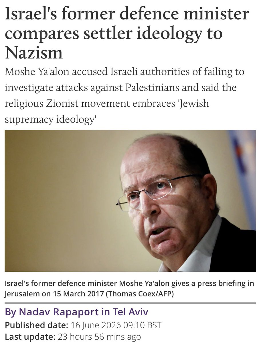rulajebreal's tweet photo. L'ex ministro della Difesa israeliano Moshe Ya'alon paragona l'ideologia dei coloni israeliani al NAZISMO e accusa il governo israeliano di complicità nella strage dei civili palestinesi e dei pogroms in Cisgiordania occupata.
Che cos'è la supremazia ebraica? “Ottant'anni dopo l'Olocausto, è una sorta di 'Mein Kampf' al contrario. La razza superiore siamo noi".
Dichiara Moshe Ya'alon, ex ministro della Difesa israeliano.
Poche settimane fa anche l’ex capo del Mossad israeliano Pardo ha detto che si vergognava di essere un ebreo e che il terrorismo dei coloni israeliani, gli ricorda i nazisti tedeschi.