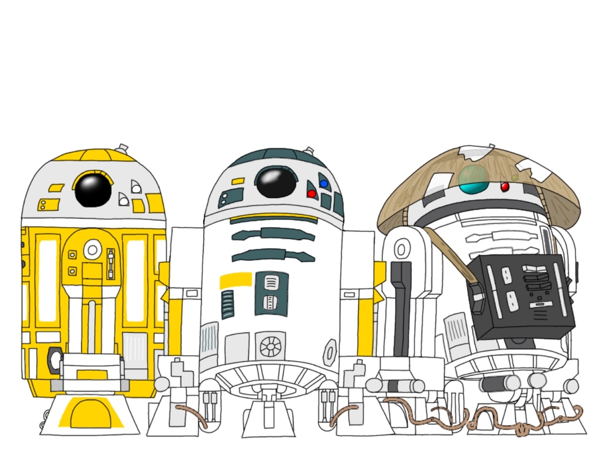 Nubia_droid's tweet photo. ケナー社製R2-D2風アストロメク（左からアデルファイ基地のメク、KE4-N4、Shogunのメク）を描きました

初登場から３年が経とうとしています。機種名の判明を願います() https://t.co/YU4JsPzSPY