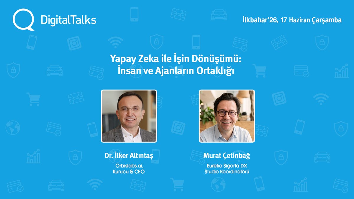 DigitalTalks's tweet photo. Bugün DigitalTalks İlkbahar'26'nın kapanışını "Yapay Zeka ile İşin Dönüşümü: İnsan ve Ajanların Ortaklığı" başlıklı sohbetimizde ağırladığımız https://t.co/h9kEzkewg4 Kurucusu & CEO'su Dr. İlker Altıntaş ve Eureko Sigorta DX Studio Koordinatörü Murat Çetinbağ ile gerçekleştirdik.

Birçok kıymetli bilgi, yorum, proje, tecrübe, içgörü ve gelecek öngörüsünün paylaşıldığı oturumlarımıza aşağıdaki platformlardan ulaşabilirsiniz:

▶️ YouTube: https://t.co/oxlqTUrxZU

🎧 Spotify: https://t.co/FtaDG9DKKf

🎙️ Apple Podcasts: https://t.co/f6fcOIPMPF