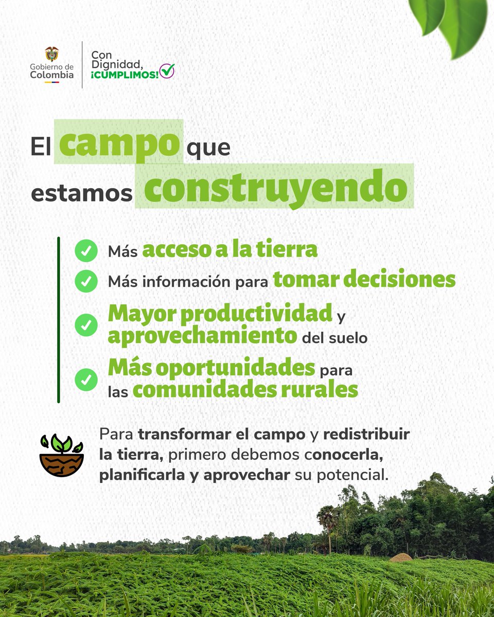 igacColombia's tweet photo. 🌱 El campo colombiano está cambiando.

La Reforma Agraria avanza con más acceso a la tierra, mejor información para tomar decisiones y nuevas oportunidades para las comunidades rurales. 🚜🌾

Conoce algunos de los avances que contribuyen a la construcción de un campo más justo, productivo y sostenible. 🗺️

#SuelosParaLaVida