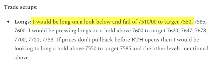 NoBSForex's tweet photo. Today’s Substack $SPX long plan (highlighted below) called for being long on a look below and fail of 7510/00.  We are in this trade now and price is rallying off of that level.  This is short term (hence the 1m chart) and you need to book profit as we can just chop around waiting for FOMC.  7525 is a good first spot for profits (already hit) and then leave runners for the target in the plan (7550).  Bears want to see price break back below 7510/00 and hold to target 7495, 7482.  This is all in the plan that was sent out well before RTH opened.  Congrats. if you paid attention and were paid once again before lunch! $SPY