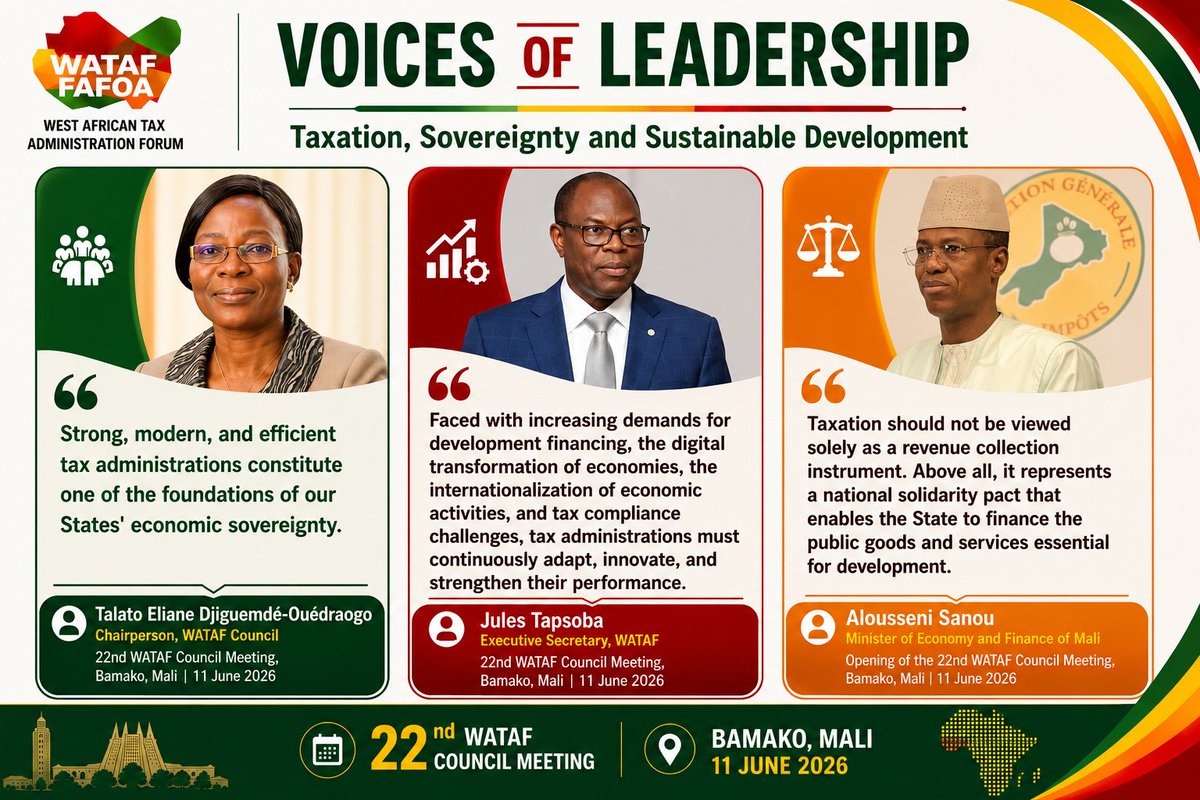 wataftax's tweet photo. Three leaders. Three powerful perspectives. One vision for stronger tax administrations and sustainable development in West Africa.Highlights from the 22nd WATAF Council Meeting in Bamako, Mali.#WATAF #DRM #TaxAdministration #WestAfrica @Kaihenneh @SampawendeT https://t.co/4nPhFQLlRm