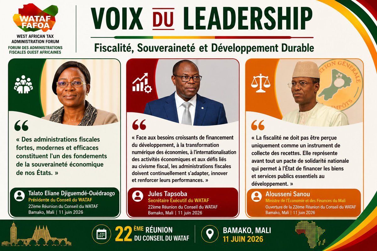 wataftax's tweet photo. Three leaders. Three powerful perspectives. One vision for stronger tax administrations and sustainable development in West Africa.Highlights from the 22nd WATAF Council Meeting in Bamako, Mali.#WATAF #DRM #TaxAdministration #WestAfrica @Kaihenneh @SampawendeT https://t.co/4nPhFQLlRm