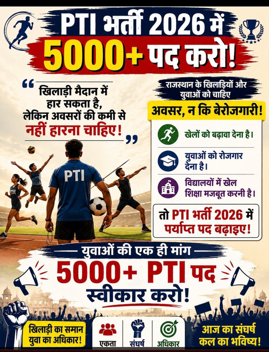 HGopalpura's tweet photo. हमारी एक ही मांग है—खाली पदों को जल्द से जल्द भरा जाए और इस भर्ती को 5,000 पदों पर निकाला जाए। कृपया बेर���जगार युवाओं के साथ न्याय करें।
#PTI_भर्ती_पद_बढ़ाओ_2026 
#PTI_भर्ती_5000_पद_करो 
@alokrajRSSB  @BhajanlalBjp
@madandilawar @RajCMO https://t.co/7r0n3onmeA