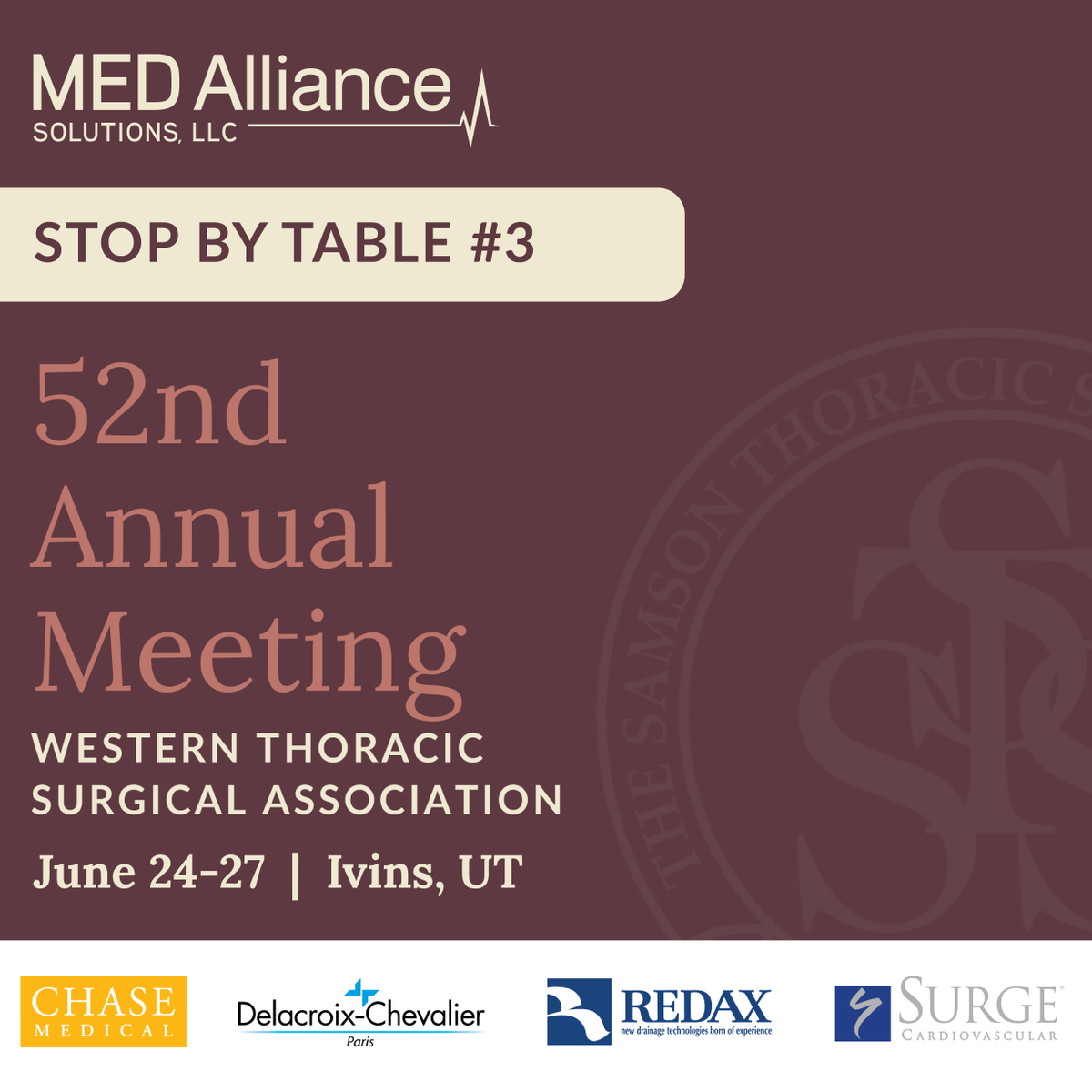 MEDAllianceSol's tweet photo. Visit Table #3 at the WTSA Annual Meeting to discover Chase Medical beating heart &amp; positioning technologies, @DelacroixChev12 instrumentation &amp; retraction, Redax wound drain &amp; reservoir solutions and @SurgeCV disposable cannula &amp; CVOR products. Visit https://t.co/DeVtQ5jG8M https://t.co/Q6FIf8PF2x