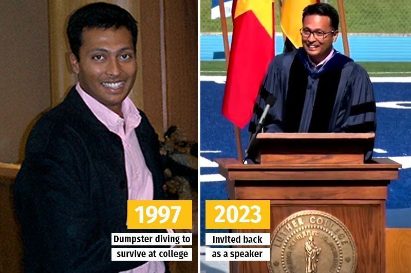 sharran's tweet photo. It was 1997. During my freshman year of college, I was digging through dumpsters for dinner.

When I left India, my parents made every sacrifice to put me through college in America. 

But when I arrived on campus, my international tuition check took two weeks to clear, and until then, my meal plan wouldn't activate. 

So I survived on pizza parties hosted by clubs and fraternities. 

But once those ended... I had nothing.

Until one night, I saw students throw a party sub and Pop-Tarts into a dumpster. 

I was starving, so I jumped in…

But just as I was about to reach for the Pop-Tarts… I felt something hit me.

The next thing I felt was a warm teardrop of blood on my face.

In the corner of the dumpster was a raccoon. He was fighting me for the same box!

This was one of the darkest moments of my life…

But more than two decades later, I came back to Luther College as the commencement speaker.

And the Dean walked me straight over to that exact same dumpster. 

Except something was different…

Because glued to the side was a sticker of Aquaman with the quote: 

"𝘕𝘰𝘵 𝘨𝘪𝘷𝘪𝘯𝘨 𝘶𝘱 𝘪𝘴 𝘵𝘩𝘦 𝘮𝘰𝘴𝘵 𝘩𝘦𝘳𝘰𝘪𝘤 𝘵𝘩𝘪𝘯𝘨 𝘺𝘰𝘶 𝘤𝘢𝘯 𝘥𝘰."

This is the quote I still live by today.

Whenever I get stuck, I just remind myself of it. And every single time I’ve it’s given me a breakthrough…