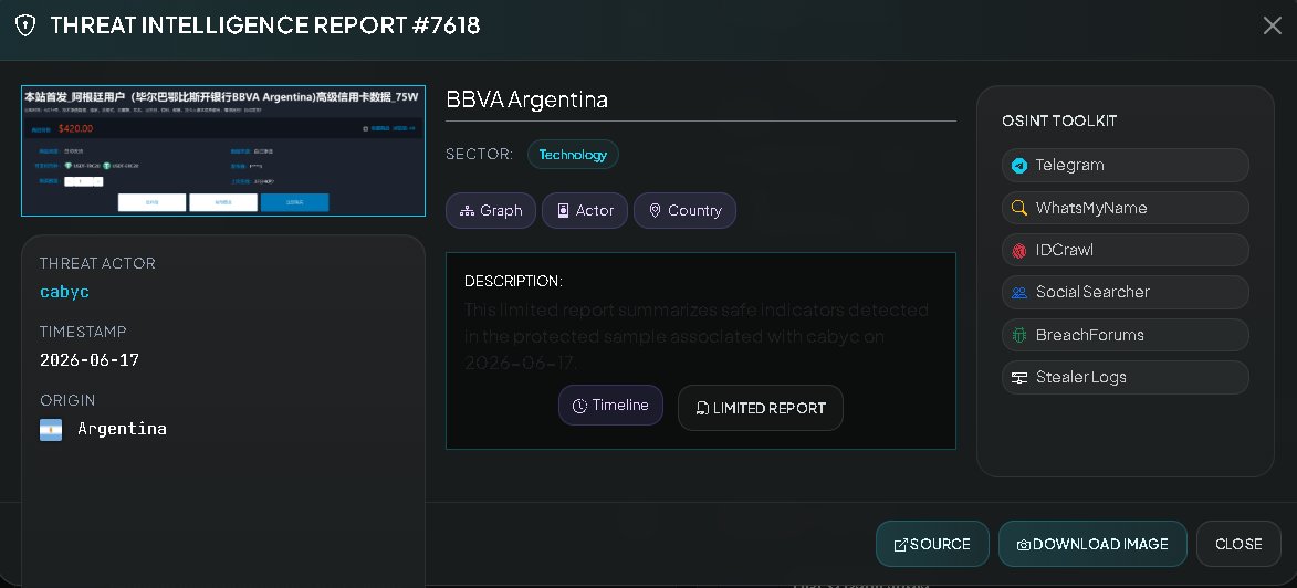 VECERTRadar's tweet photo. 🚨 CYBER INTELLIGENCE ALERT: PROBABLE SALE OF BANKING DATABASE — ARGENTINA 🇦🇷

💥 THREAT ACTOR LISTS RECORDS OF 750,000 BBVA ARGENTINA PREMIUM CREDIT CARD CUSTOMERS FOR SALE

[STATUS: THREAT UNDER INVESTIGATION / UNCONFIRMED / CLANDESTINE CHINESE MARKETPLACE]

A threat actor identified by the obfuscated alias F****3 has announced—on a Chinese-origin underground data marketplace—the exclusive sale of a massive database attributed to high-end credit card customers of Banco Bilbao Vizcaya Argentaria Argentina (BBVA Argentina).

The actor claims the repository consolidates personal information on 750,000 premium cardholders (Gold, Platinum, Black, and International categories), obtained via direct intrusion techniques.

🏢 Allegedly Affected Entity: BBVA Argentina (https://t.co/LRibAKOeZn).

👤 Threat Actor: Seller registered under ID F3.

⚔️ Potential Attack Vector: Exfiltration via infiltration of relational databases (SQL Injection or compromised credentials) within loyalty systems, account statement generation platforms, or premium customer service portals.

🔍 Verification Status: SUSPECTED / UNCONFIRMED. The intrusion into the bank's central servers remains under investigation and preventive audit. However, this alert is supported by a high level of structural evidence due to the exposure of plaintext samples indexed on June 16 and 17, 2026.

📈 1. Timestamp Assessment (Last Access / Modification Dates)

Data Freshness (June 2026): The final column of the data dump reveals detailed timestamps corresponding to very recent dates within the current month. Consecutively dated records are observed between June 9, 2026, and June 15, 2026 (e.g., row 6: 15/06/2026 04:23:10 am; row 2: 13/06/2026 11:36:19 pm; row: 15/06/2026 09:13:23 am).

Date Conclusion: The timestamps align perfectly with the release date declared by the attacker (June 16). This indicates a high level of authenticity, demonstrating that the file is not a repackaging of historical leaks, but rather a compilation or active extraction carried out during the first half of June 2026.

📊 2. Internal Consistency and Data Structure (Data Integrity)

Identifier Validation (Banking Series IDs): The sequential numbers accompanying the card details begin with... From a technical-operational standpoint, the prefix "54" corresponds to Argentina's international telecommunications code, followed by the indexing structure typical of telephony databases or regional customer profiles.

Premium Segmentation Correlation: The variables in the card-type column correspond exactly to BBVA's Argentine financial market, listing valid classifications such as "Visa Platinum and Mastercard Platinum cards," "Visa Gold and Mastercard Gold cards," and "Visa Signature and Mastercard Black."

Actual Service Usage: All records in the sample show the variable "Normal use," indicating that these are active production accounts rather than developer test or staging environments.

Authentic Names and Emails: Name structures perfectly aligned with the regional context are detected, combined with email addresses from common and local domains, such as .com.ar. ⚠️ RISK ANALYSIS REGARDING THE EXPOSED DATA FIELDS

If the illicit use of this batch of 750,000 cleaned records takes hold, the criminal implications for financial users in Argentina are severe:

👤 Identity Theft and High-Value Customer Profiling: The file consolidates and exposes Full Name, Gender, Date of Birth, and Email Address. By identifying which customers hold "Black" or "Signature" cards, attackers obtain a list of targets with high purchasing power.

🛡️ TECHNICAL RECOMMENDATIONS AND PREVENTIVE MITIGATION

🛑 Immediate Activation of the Entity's IR Protocol (Corporate Action): BBVA Argentina's security incident response team (CSIRT) is urged to initiate an in-depth forensic audit of all relational database queries executed between June 1 and June 15, 2026, identifying potential mass data leaks via compromised third-party access points or telemarketing APIs.

📊 MONITORING AND EVALUATION

Intelligence System:

https://t.co/wk9bZJ2Nli

Quickly assess your website's security at:

https://t.co/QZhWp0kFrO

#CyberSecurity #Argentina #BBVA #BBVAArgentina #DataLeak #CreditCardLeak #FinancialFraud #IdentityTheft #PremiumCards #ThreatIntelligence #CyberAlert #VECERT #Infosec #UnverifiedBreach