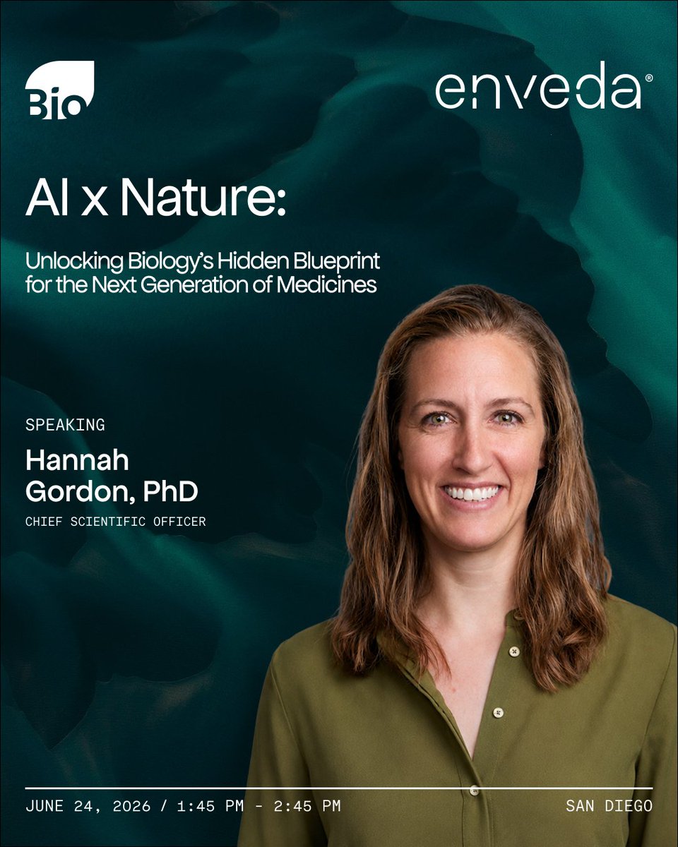 enveda's tweet photo. What if the next generation of medicines is already encoded in biology?

At #BIO2026, Enveda’s Chief Scientific Officer Hannah Gordon, PhD @brieski will discuss how AI is helping researchers uncover biological signals that have remained hidden for centuries, transforming how medicines are discovered in the process.

June 24 |  PM: AI x Nature: Unlocking Biology's Hidden Blueprint for the Next Generation of Medicines
https://t.co/NHrE4qUJDb

From closing the loop between computation and experimentation to uncovering targets that have long eluded traditional R&D, the conversation will explore how AI and biology are reshaping the future of drug discovery.

If you're attending BIO, join the conversation.

#AI #DrugDiscovery #Biotech