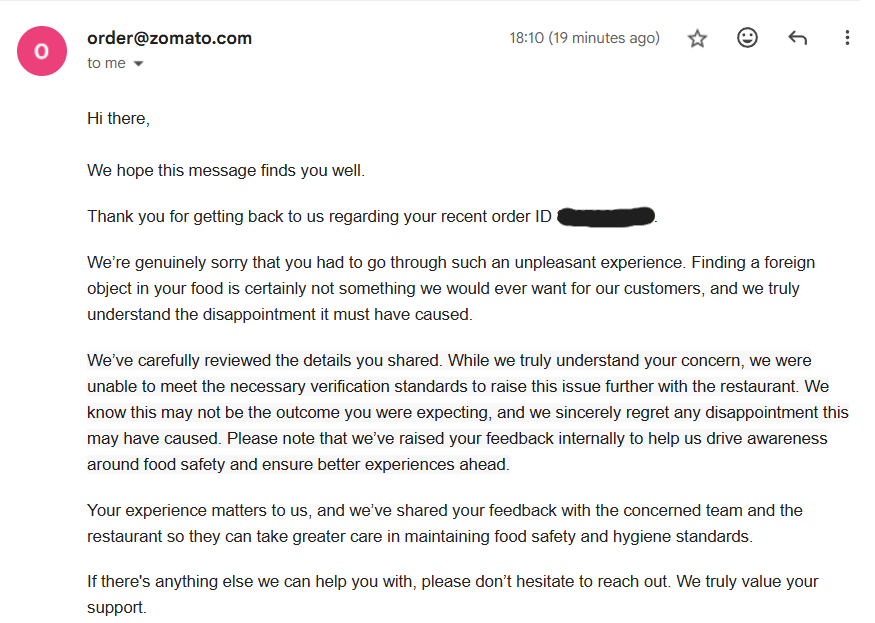 intuitive262's tweet photo. @zomato @zomatocare second message and response https://t.co/h1nJ2pSSse