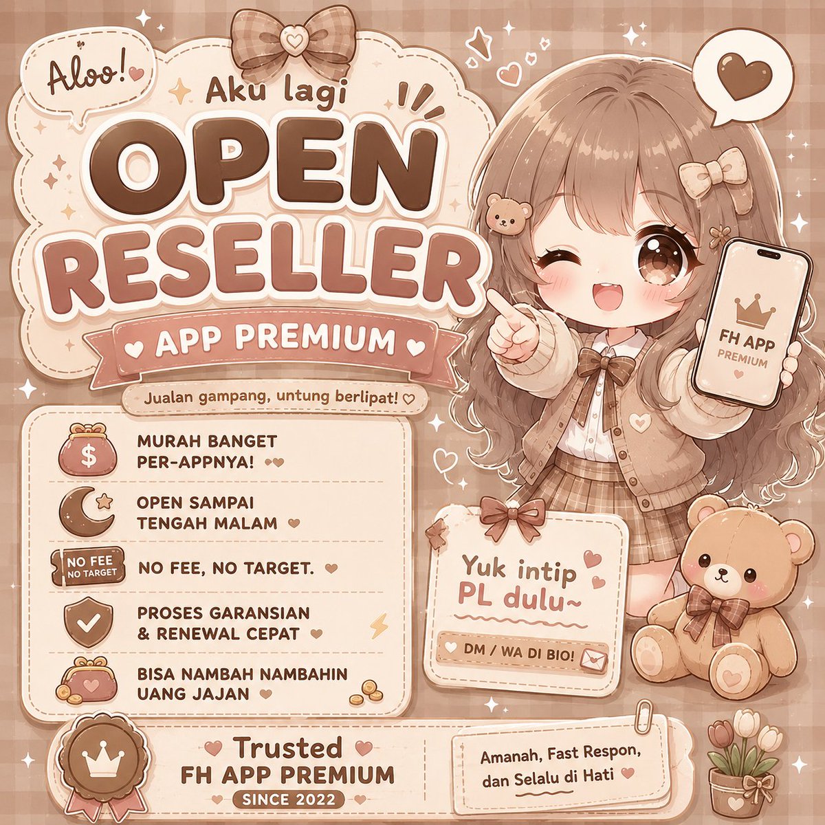 seasozm's tweet photo. Aloo! Aku lagi open reseller nih! 🤎🤩

✨ Murah banget per-appnya!
✨ Open sampai tengah malam 🌙
✨ No fee, no target
✨ Proses garansian &amp; renewal cepat ⚡
✨ Cocok buat nambah uang jajan 💸

Mau intip PL dulu? Langsung DM/WA aja yaa~ 👀🤎

#zonauang #zonajajan #zonaba https://t.co/SsvHQma7oG