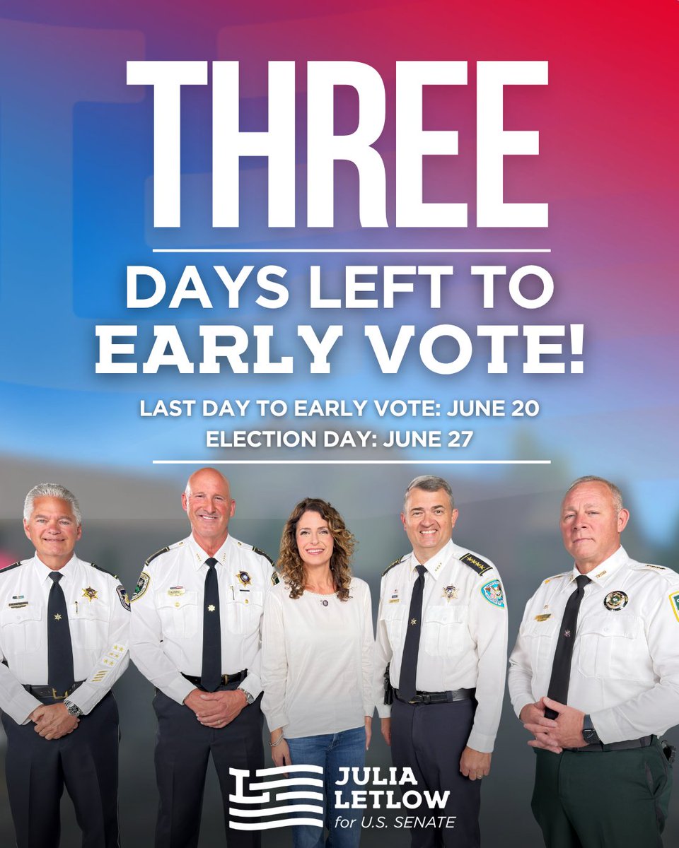 jbletlow's tweet photo. Only 3 days left to vote early in Louisiana's U.S. Senate runoff.

If you haven't cast your ballot yet, you can vote early NOW, ahead of Election Day on June 27!

Find your polling location at https://t.co/1BzIXdbvG5. I’d be honored to have your support. https://t.co/nUpFmniya0