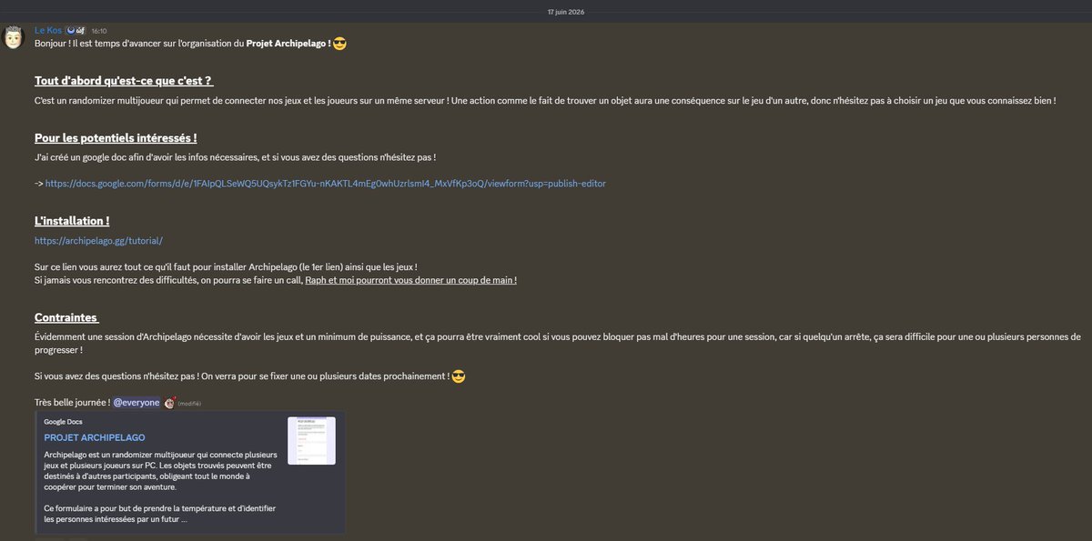 Liinkoos's tweet photo. Ptit projet ARCHIPELAGO pour les intéressés !

Voici tous les liens :

- Le google form pour plus d'infos : https://t.co/fQlNb2CJuv

- L'installation :
https://t.co/QvGqGn3r60

- Mon serveur Discord pour vous contacter :
https://t.co/r3hT4bmIpD https://t.co/zHivE3VQyM