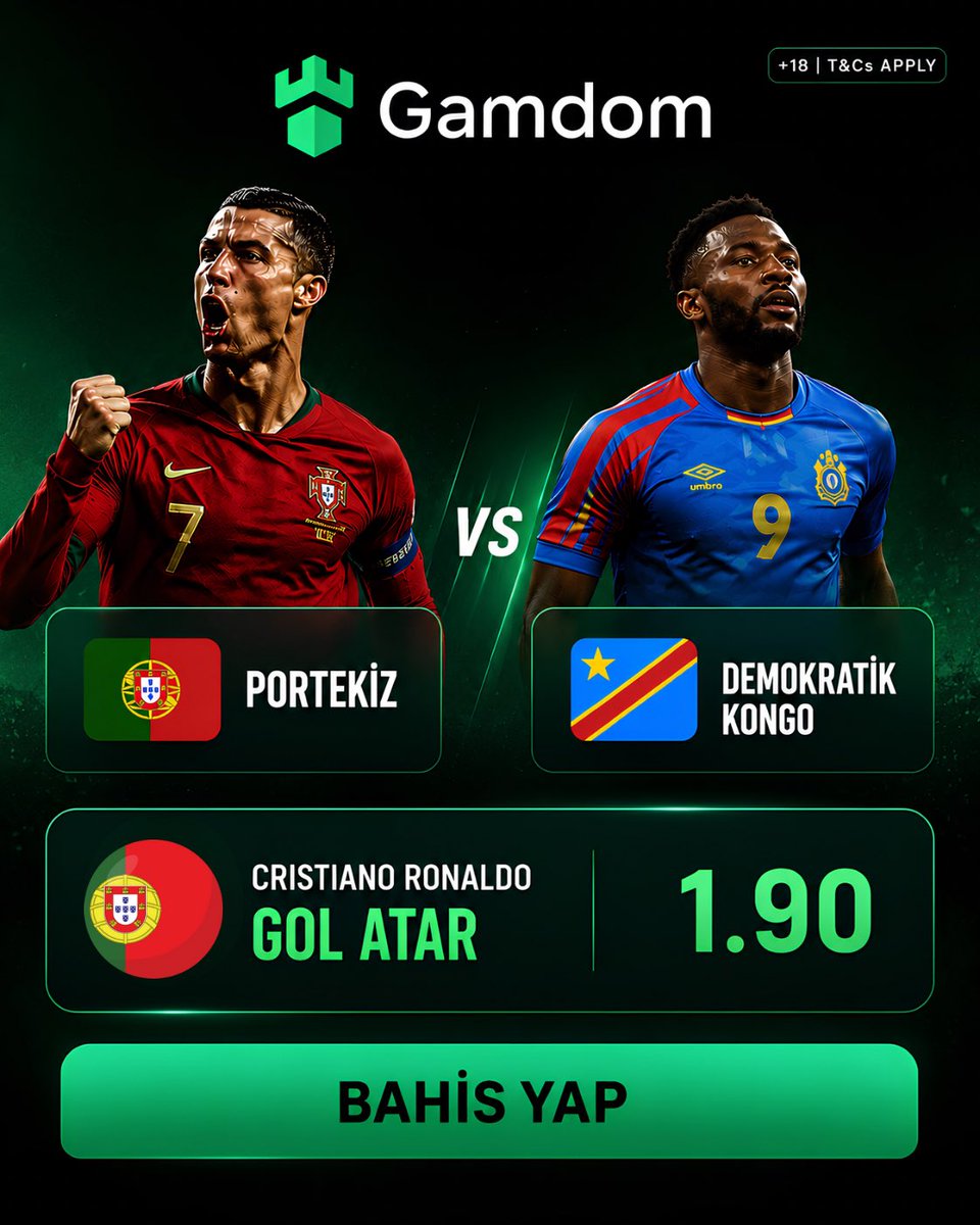 gamdom_turkey's tweet photo. 🇵🇹Ronaldo’lu Portekiz, 🇨🇩Kongo karşısında! 

C. Ronaldo’nun bu akşam gol atacağını düşünüyor musun? 🧐

💰1.90 oranla ↙️

 🟩Lider kriptobahis platformu Gamdom’da seni bekliyor! 

🫵Gamdom Giriş: https://t.co/pAlaZ8IsXq

😎VIP Başvuru/Topluluk: https://t.co/1tt7QBIHkc https://t.co/aje4e3Knfv