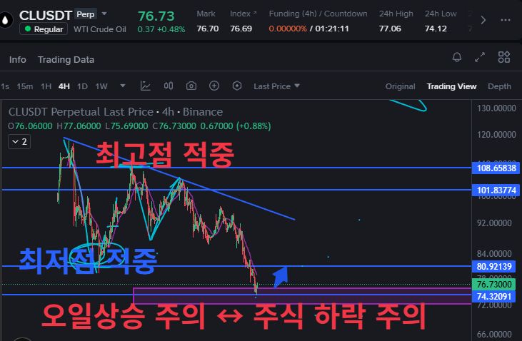anwltjd's tweet photo. 오일 80달러상승, 108달러 최고점 대하락 적중에 이어, 이번 최저점 바닥까지 정확하게 받아먹었습니다. 상위 2% 실전 수익률의 차트는 거짓말을 안 합니다.
🚨 [국제유가 ↔ 주식시장 긴급 체크]
1️⃣ 일본 금리 인상 & FOMC 리스크엔화 변동성과 FOMC 눈치싸움으로 자산시장 유동성이 흔들릴 때, 스마트 머니는 가장 확실한 원자재인 원유(WTI)로 쏠립니다.

2️⃣ 오일 상승 ↔ 주식 하락 디커플링역사적으로 오일의 강한 하방 지지는 주식 시장에 강한 하락 압박으로 작용해 왔습니다. 지금 양방향 헷지 준비 안 하면 계좌 녹습니다.

🎯 WTI 원유 선물 대응 타점• 현재가: 74.73달러 • 진입 타점: 74~73달러 라인 강력 지지 확인 (최저점 적중 구간) 

상위 2% 실시간 시황 및 타점 브리핑은 프로필 링크 참고. #WTI #원유선물 #해외선물 #비트코인 #FOMC #주식투자