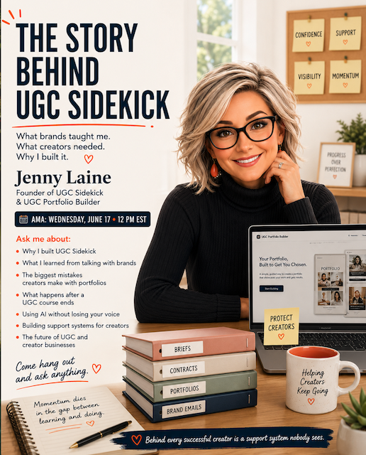 Genxugcjenni's tweet photo. AMA - I'll be on the subreddit r/ugccreators today at 12PM ST. If you'd like to ask questions about UGC Sidekick or the UGC Portfolio Builder #ugcreators #ugccommunity #ugcbeginners Check the comments for the link. I'll have the live link in that post link. :) https://t.co/u7sqg3HmbH