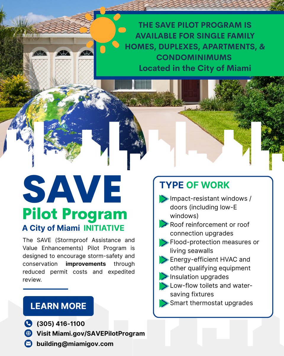 CityofMiami's tweet photo. Miami residents—this one’s for you! 🌴
The SAVE Pilot Program is helping homeowners invest in safer, stronger, and more efficient homes with streamlined permitting and cost savings.
Explore the program:
https://t.co/H2ifiYMETU
#OurMiami #ResilientCity #SAVEPilot https://t.co/tN5WHdsUvn