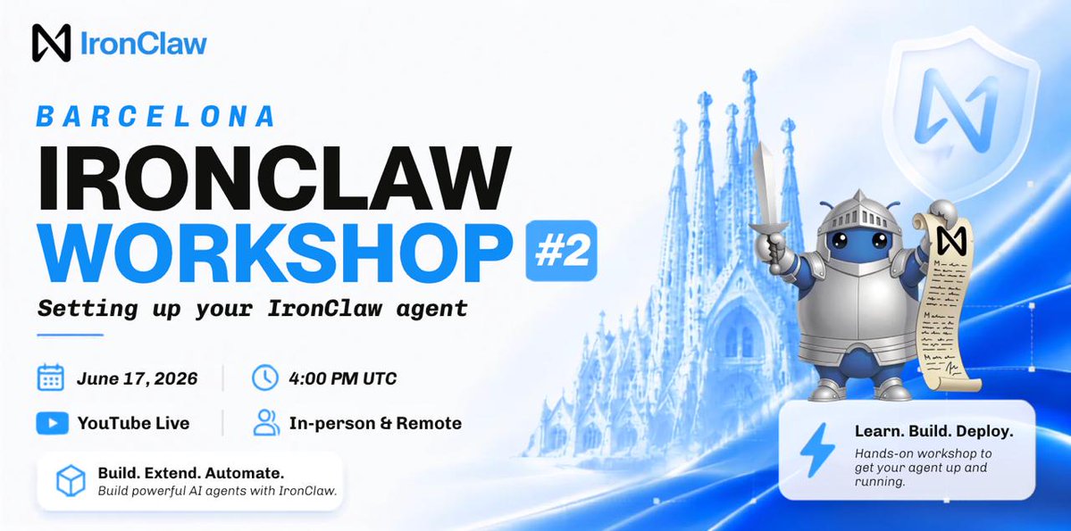 NEARLegion's tweet photo. Join the second IronClaw Hackathon workshop on Agent Skills today at 4pm UTC, hosted by @jcarbonnell.

Skills make it effortless to extend your agent’s capabilities while keeping everything private and verifiable.

Make your agents smarter and more capable with ease. ↓ https://t.co/QbxFVunsSo