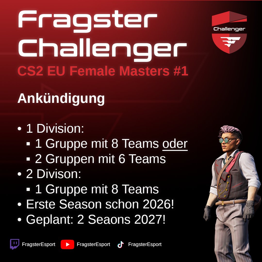 FragsterD's tweet photo. ‼️  Fragster Challenger CS2 EU Female Masters ‼️ 

Neue Bühne für Europas Female-CS2-Szene! 
Wir starten die #FragsterChallenger CS2 EU Female Masters.

Mit Open Qualifiern, Divisionen, Auf- & Abstieg, 5.000€ Prize Pool und Live-Broadcasts auf Twitch wollen wir eine neue Heimat für Female CS2 schaffen. 
Die erste Season beginnt schon 2026! 

Schon gespannt? Zur News geht´s im Thread 👇