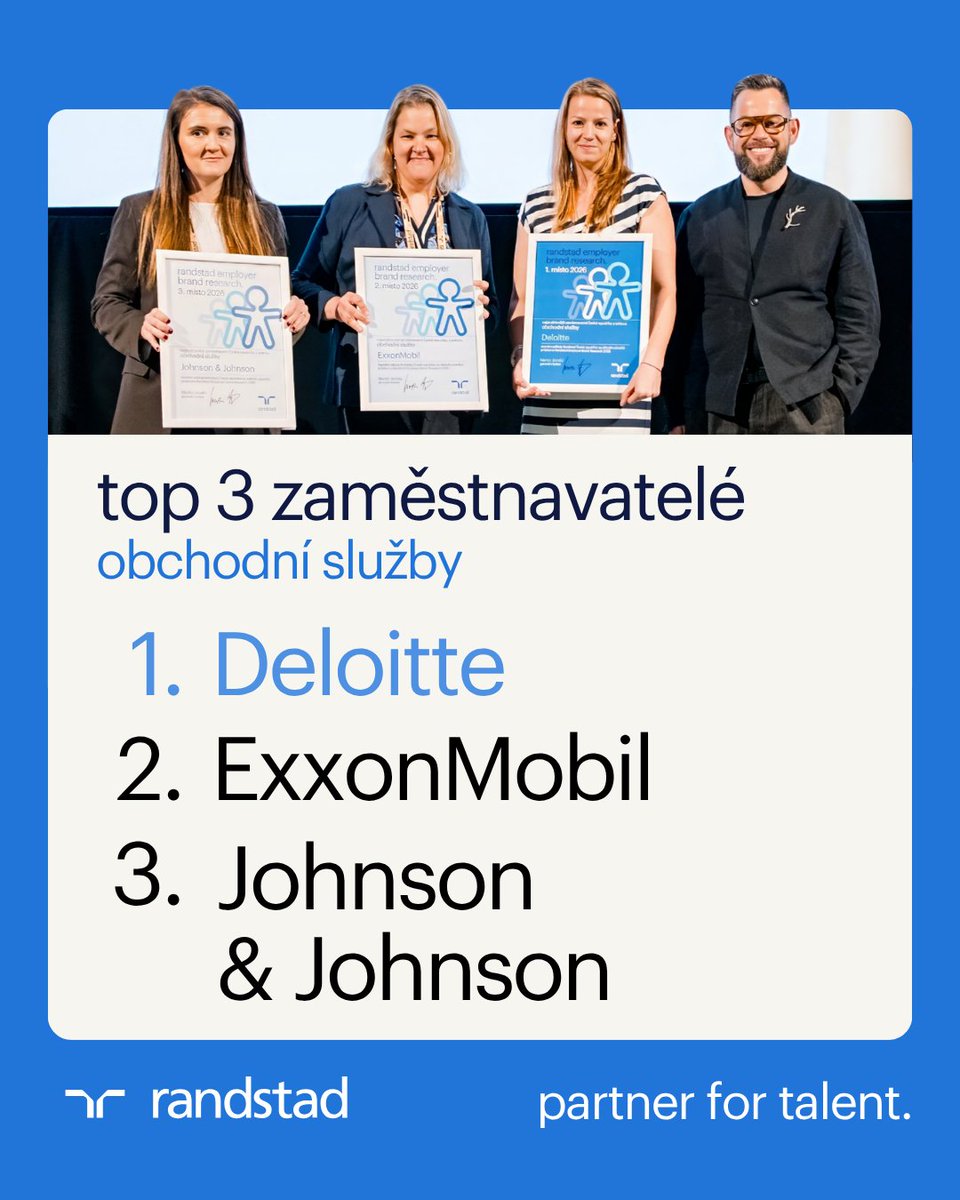 randstadcz's tweet photo. Přemýšleli jste někdy o práci v sektoru obchodních služeb? Tady jsou top 3 společnosti, které si zaměstnanci nejvíce chválí.
🥇 Deloitte
🥈 ExxonMobil
🥉 Johnson & Johnson
#Randstad #RandstadCZ #REBR #RandstadAward #PartnerForTalent https://t.co/YTGGazAke7