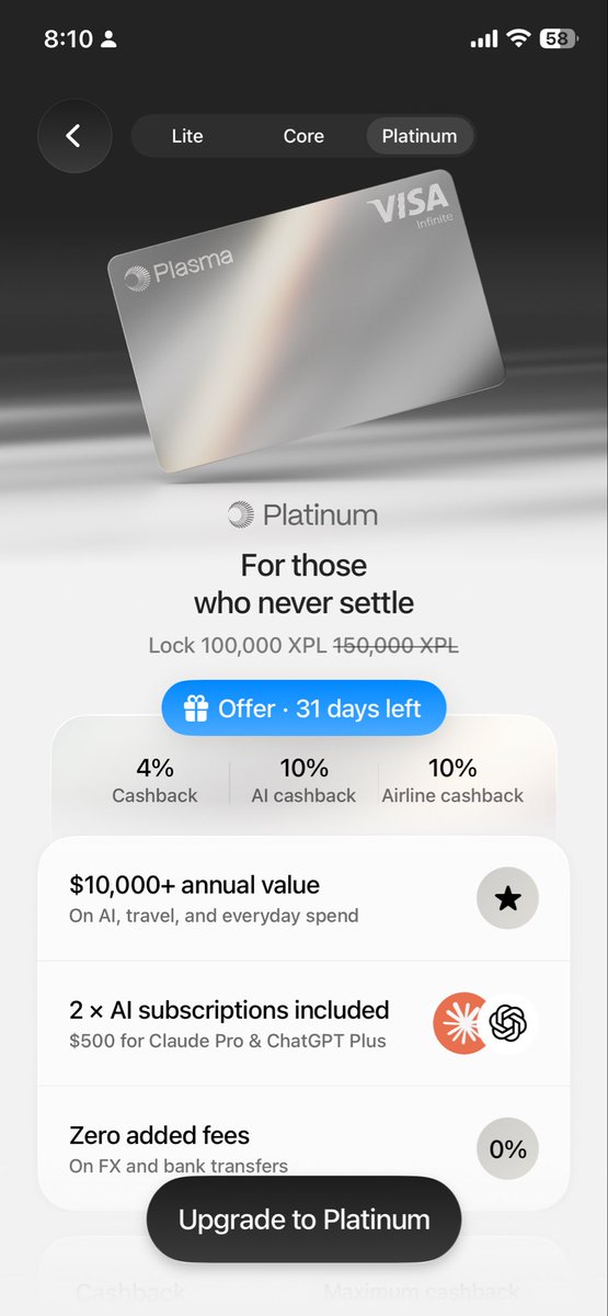 Aoftimuzcg's tweet photo. PlasmaOne Special offer now!💳💚
Core 3%cashback ,Free GPT GO
Platinum 4%cashback ,10% Ai ,33% Discount lock 100,000XPL offer

Early access : GCLMR3 , B2VPLN https://t.co/ui7dcKZr2I