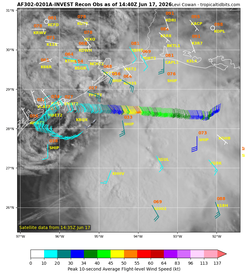 AndyHazelton's tweet photo. This morning's recon flight has found 40-50 knot flight-level winds, and enough of a circulation for NHC to classify PTC1 as TS #Arthur, the first named storm of the 2026 season. Some gusty winds are likely across the coasts of Southeast Texas and Louisiana today, and heavy rain will be a big threat.