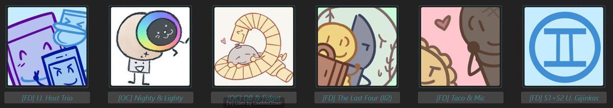 LiveMeDown's tweet photo. My Artfight card! Besides OCs, I also added a bunch of my Inanimate Insanity gijinkas as well! https://t.co/vpKdeIHTM5