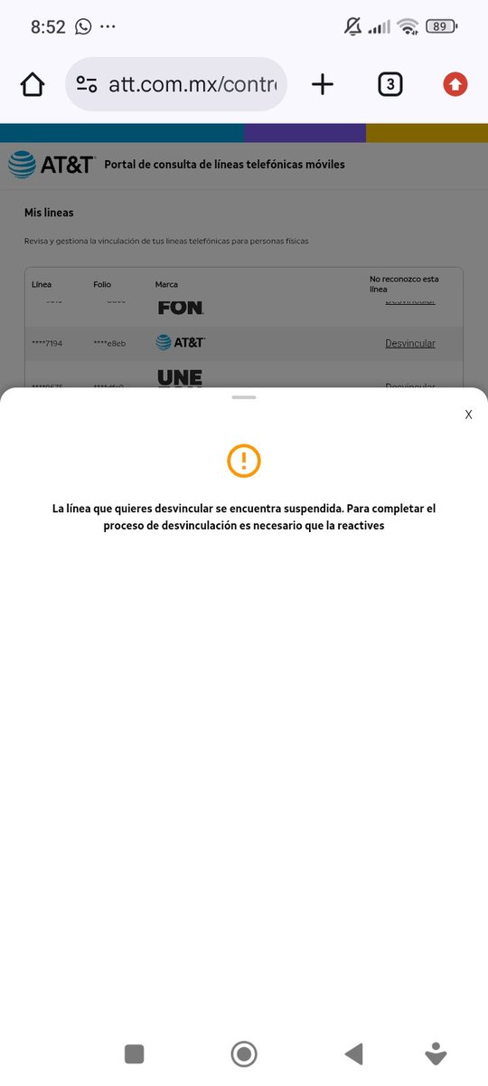AmandoGali98's tweet photo. @CRTGobMX Denunciando a @ATTMx no deja DESVINCULAR líneas no reconocidas miren con que mamada sale su sistema de desvinculación @Claudiashein @AtencionProfeco @GobiernoMX @CRTGobMX @Profeco https://t.co/0UvVAkFZpJ