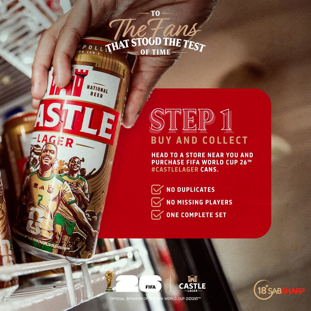 CastleLagerSA's tweet photo. HALAKASHA! 

Mzansi, SWIPE LEFT 👈🏼 to see how wena namajita can Collect all FIFA World Cup 26™ Castle Lager Cans and stand to win R1 MILLION.

*Ts and Cs Apply