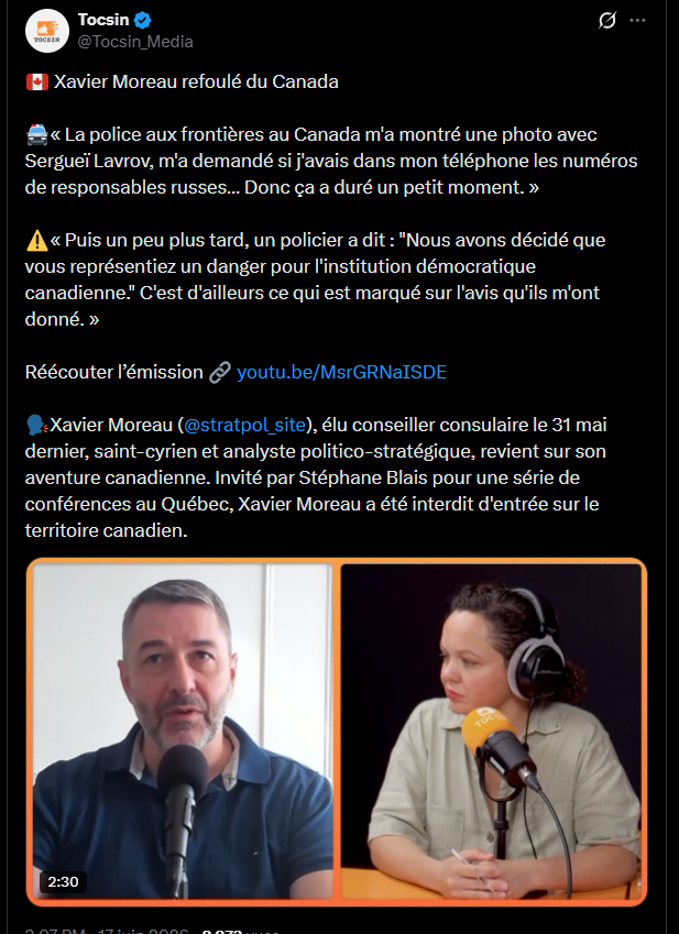 cox_steeve's tweet photo. Donc @stratpol_site Xavier Moreau, sanctionné par l’Union européenne pour son rôle présumé dans l’écosystème d’influence du Kremlin, refoulé par le Canada car considéré comme un danger pour les institutions démocratiques canadiennes, est pourtant élu conseiller consulaire à Moscou.

@francediplo @jnbarrot, comment une personne visée par des sanctions européennes peut-elle représenter officiellement des Français de l’étranger ?

Quelles garanties existent pour éviter qu’un mandat consulaire français soit utilisé comme paravent politique par un relais d’influence d’un État hostile ?

Ce sujet mérite une réponse claire.