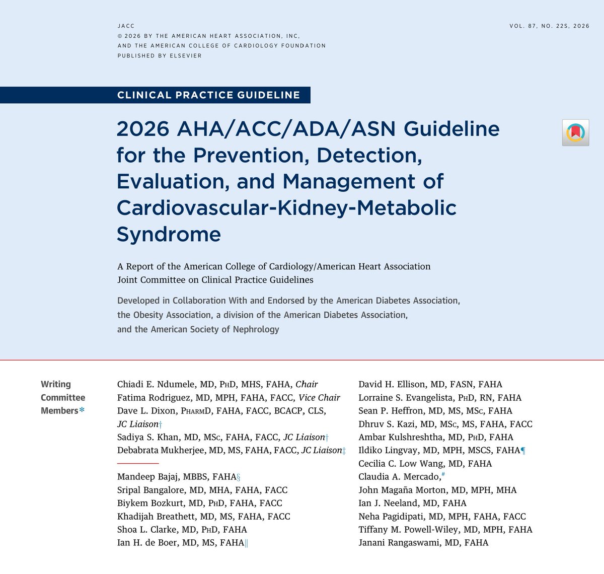 scottisaacsmd's tweet photo. 2026 AHA-ACC-ADA-ASN Guideline for the Prevention, Detection, Evaluation, and Management of Cardiovascular-Kidney-Metabolic Syndrome
https://t.co/ided4IdFqx https://t.co/HkdcUwmRE2