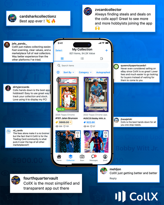 CollX_App's tweet photo. The hobby is better because of this community! Collectors across CollX are buying, selling, and discovering new cards as they take their collections to the next level. The CollX community continues to make the hobby more fun for everyone 💙 https://t.co/IgCOvmUgJ2