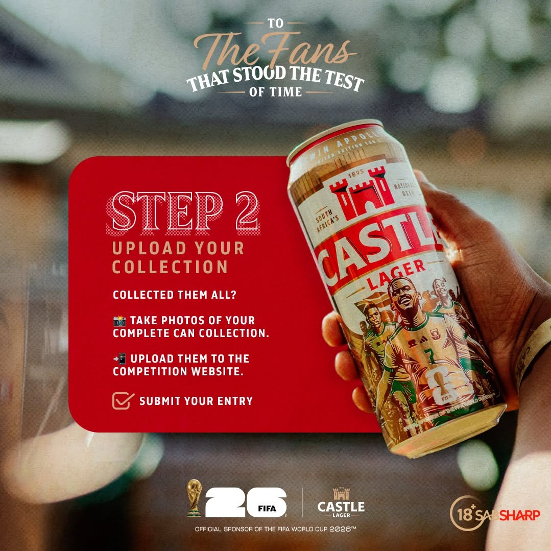 CastleLagerSA's tweet photo. HALAKASHA! 

Mzansi, SWIPE LEFT 👈🏼 to see how wena namajita can Collect all FIFA World Cup 26™ Castle Lager Cans and stand to win R1 MILLION.

*Ts and Cs Apply