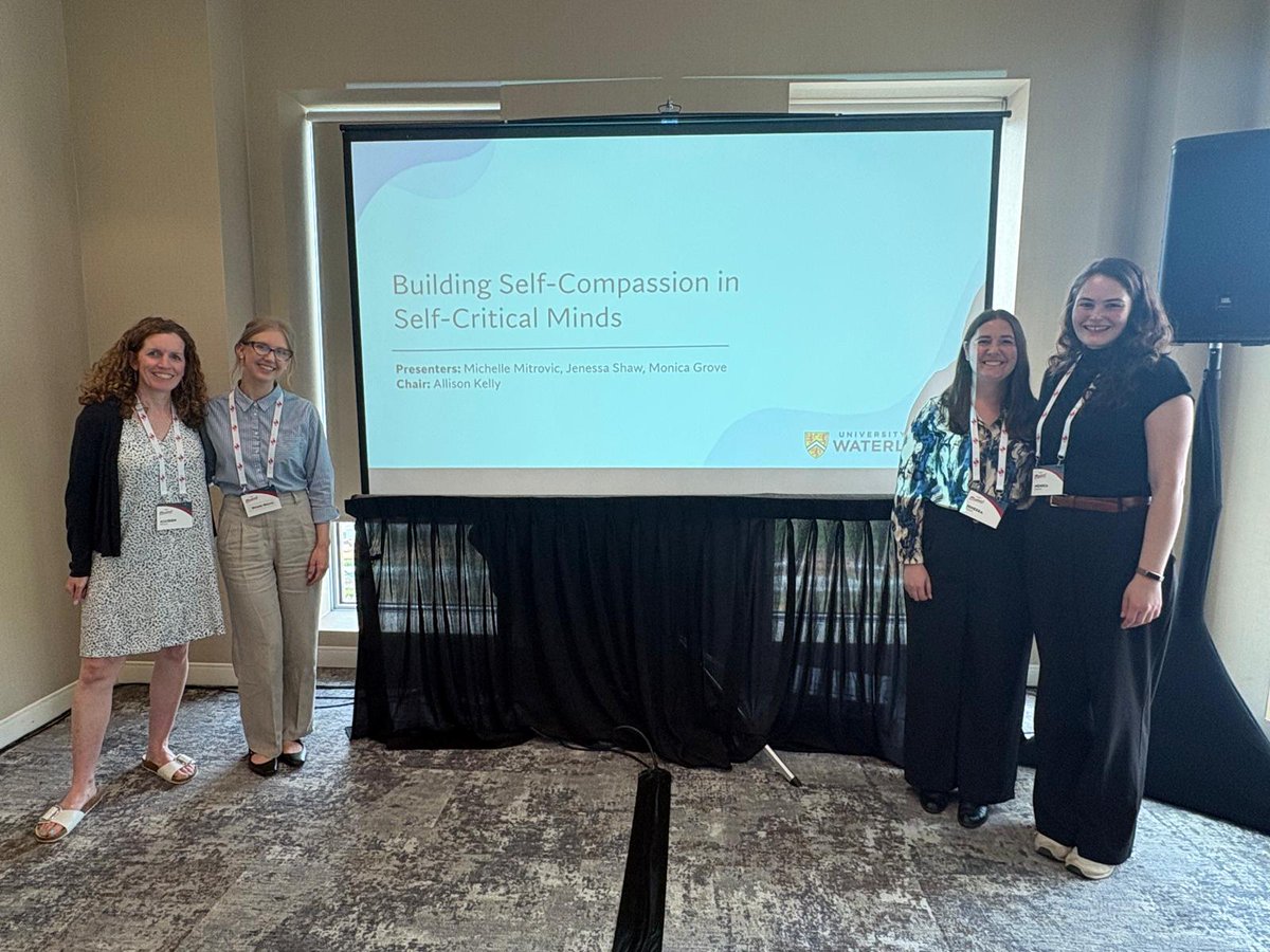 AttitudesLab's tweet photo. Thanks to everyone at #CPA2026 who came to our lab’s symposium on building self-compassion in self-critical individuals, featuring talks from Dr. Allison C. Kelly &amp; 3 of our grad students, Michelle Mitrovic, Jenessa Shaw, and Monica Grove (pictured below)! https://t.co/znJsfql4Xi