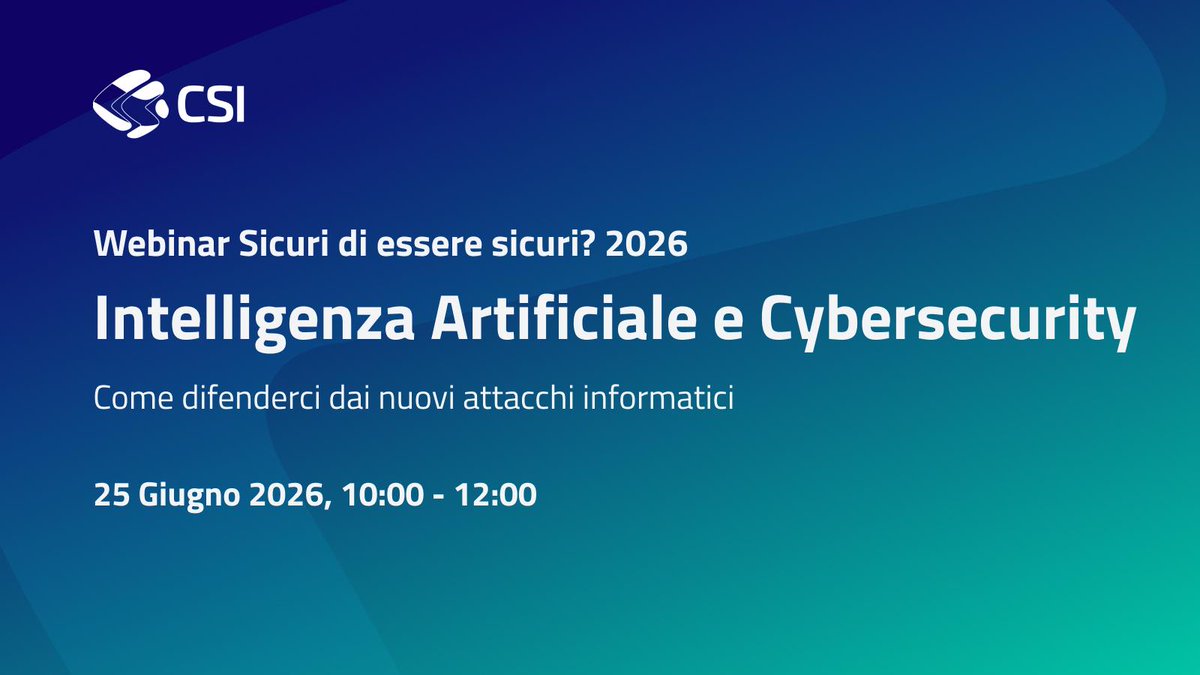 csipiemonte's tweet photo. "Sicuri di essere sicuri?" Al via la quinta edizione dei webinar sulla sicurezza digitale. Sei appuntamenti gratuiti da giugno a dicembre.
Primo appuntamento: 25 giugno.

Registrati ora su https://t.co/VROKDTHfV3

#CSIPiemonte #nuovocsi #yourdigitalpartner https://t.co/V8pJb10AzZ